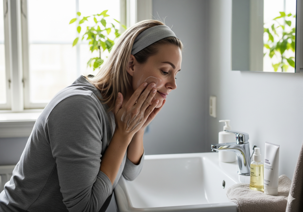 kvinna rengöring ansikte morgon  koreanska dubbelrengöringenrutin-the-beauty-army